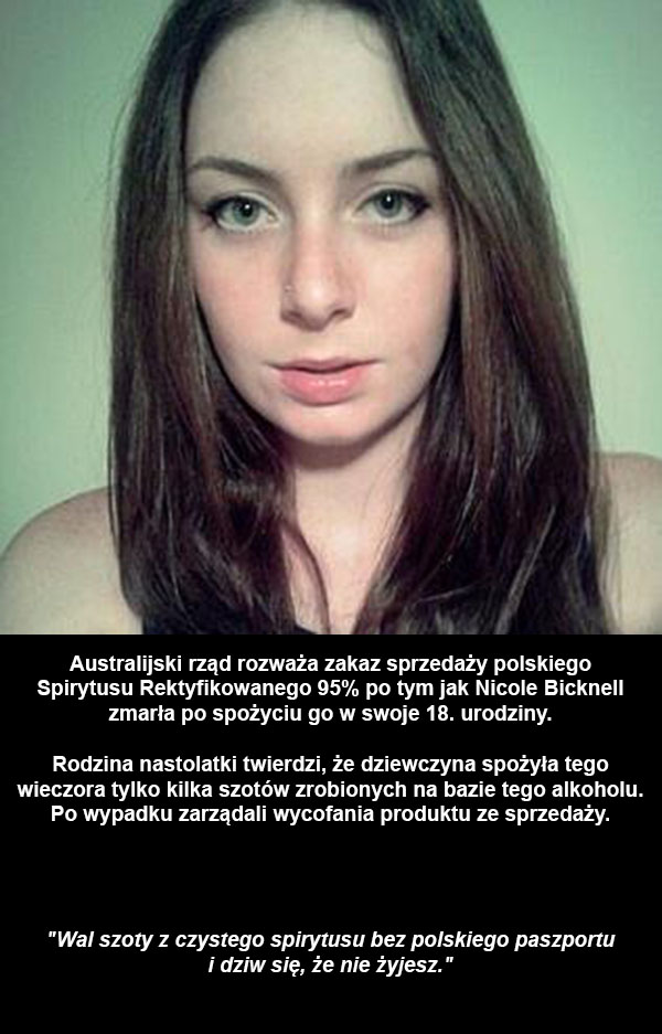Australijska nastolatka zmarła po spożyciu polskiego spirytusu