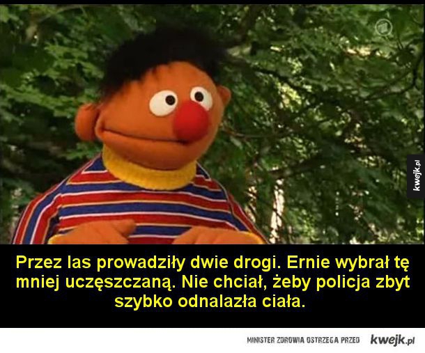 Ernie wyjaśnia Bertowi czym jest zoofilia. Niedługo potem zaczęła się orgia.   Przez las prowadziły dwie drogi. Ernie wybrał tę mniej uczęszczaną. Nie chciał, żeby policja zbyt szybko odnalazła ciała.   Bert był zadowolony, że nieznajomy sam do niego podsz