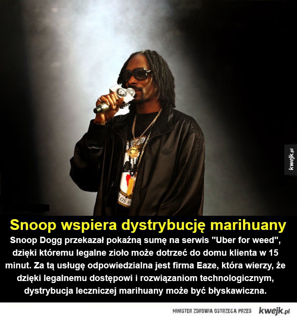 Snoop wspiera dystrybucję marihuany Snoop Dogg przekazał pokaźną sumę na serwis "Uber for weed", dzięki któremu legalne zioło może dotrzeć do domu klienta w 15 minut. Za tą usługę odpowiedzialna jest firma Eaze, która wierzy, że dzięki legalnemu dostępowi 