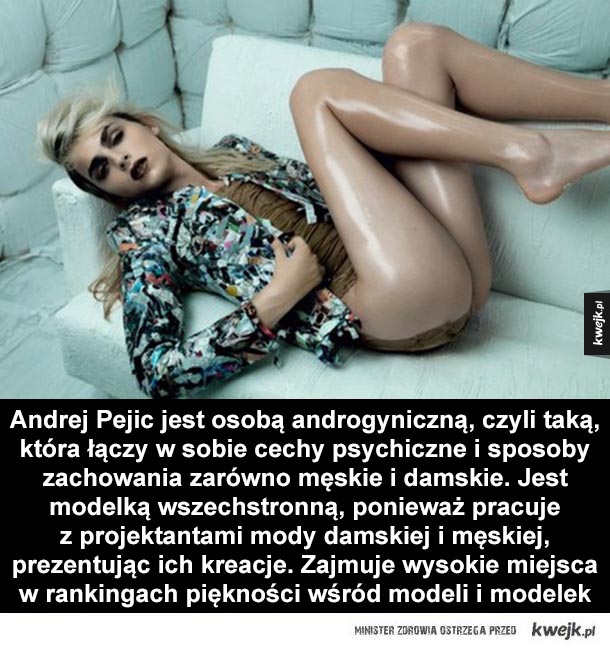 Andrej Pejic jest osobą androgyniczną, czyli taką, która łączy w sobie cechy psychiczne i sposoby zachowania zarówno męskie i damskie. Jest modelką wszechstronną, ponieważ pracuje z projektantami mody damskiej i męskiej, prezentując ich kreacje. Zajmuje wy