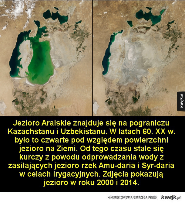Jezioro Aralskie znajduje się na pograniczu Kazachstanu i Uzbekistanu. W latach 60. XX w. było to czwarte pod względem powierzchni jezioro na Ziemi. Od tego czasu stale się kurczy z powodu odprowadzania wody z zasilających jezioro rzek Amu-daria i Syr-dari