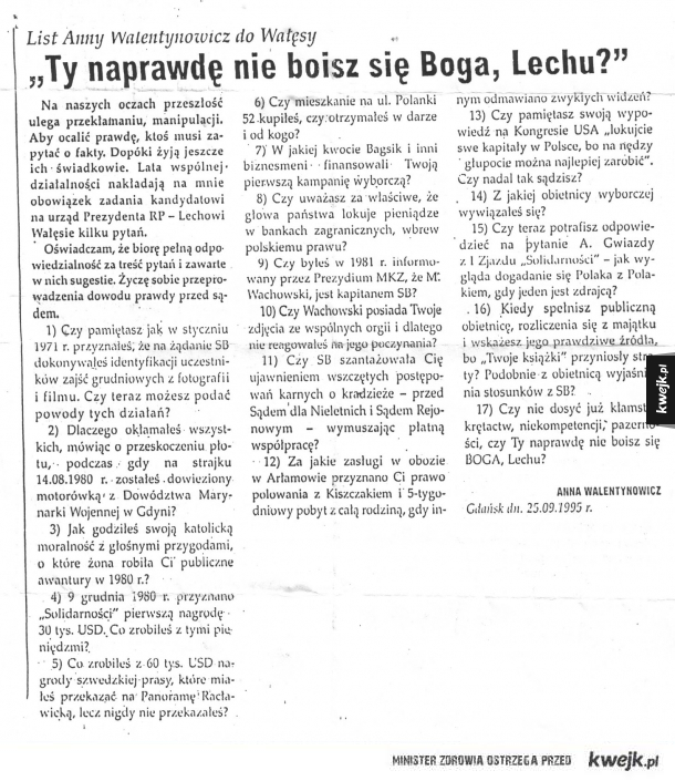 List Anny Walentynowicz do "Bolka"