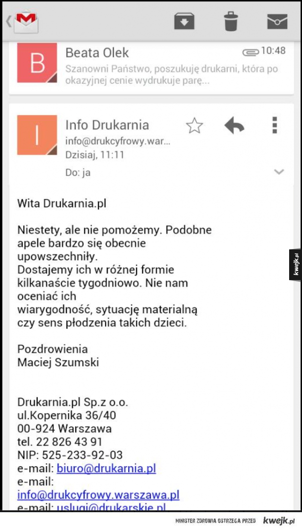 Odpowiedź drukarni na prośbę o rabat na wydruk na potrzeby niepełnosprawnego dziecka.