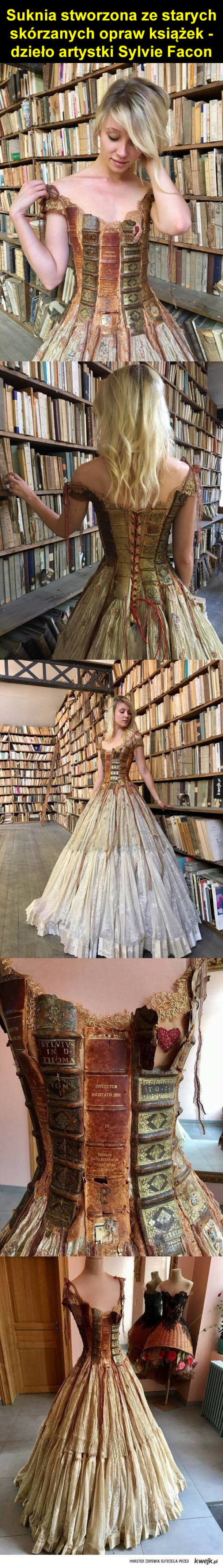 Suknia stworzona ze starych skórzanych opraw książek - dzieło artystki Sylvie Facon