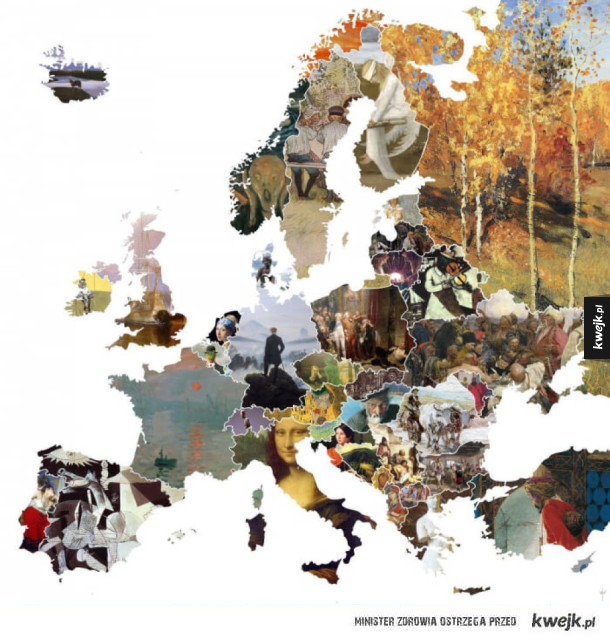 mapa europy oznaczona najpopularniejszymi obrazami z danego kraju