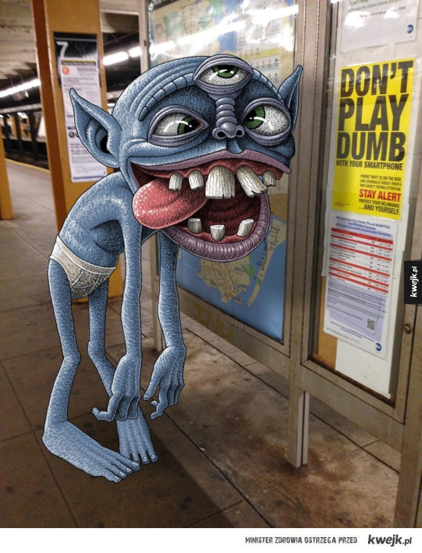 Artysta Ben Rubin dodaje zabawne potworki do podróżujących ludzi w metrze