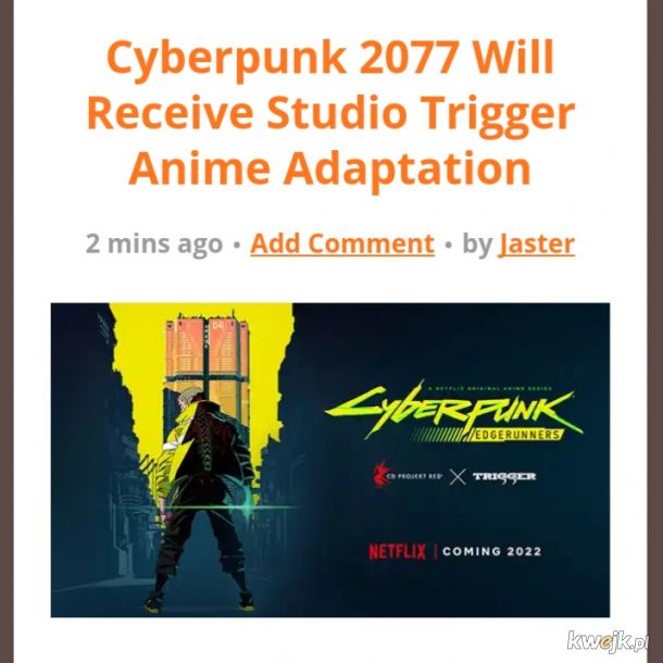 Będzie anime Cyberpunk 2077 :3