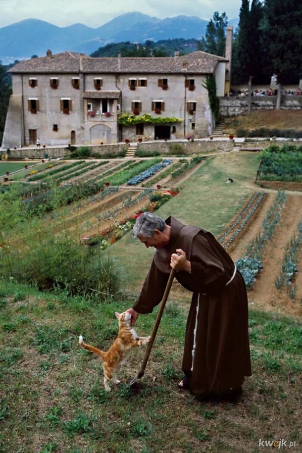 Mnich robi sobie przerwę żeby pogłaskać kota. Włochy.