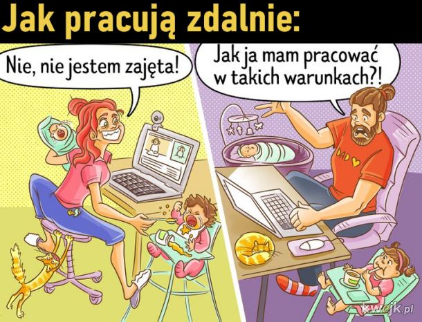 Porcja komiksów pokazujących różnice w metodach wychowawczych matek i ojców