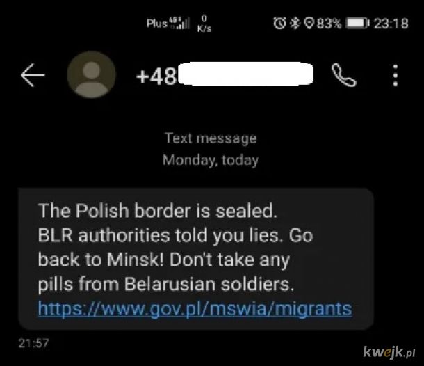 Taką wiadomość otrzymuje się po przekroczeniu granicy z Polską.