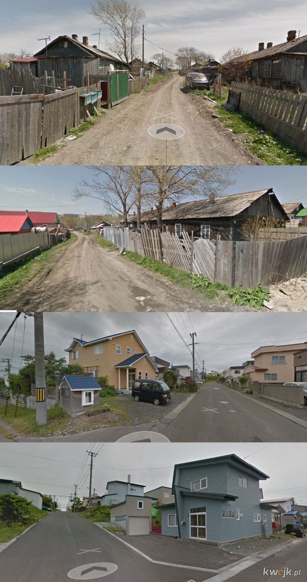 Typowa ulica domków jednorodzinnych w najbliższych sobie miastach Rosji i Japonii o tej samej liczbie mieszkańców