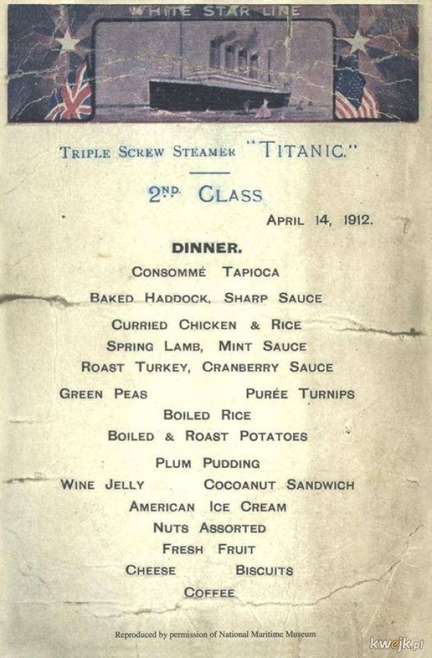 Menu dla 2. klasy na Titanicu