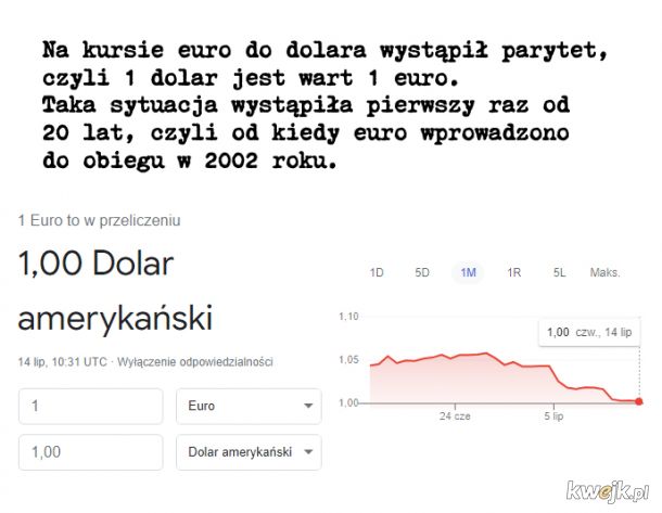 Euro do dolara osiągnęło parytet, czyli 1$ jest wart 1€! Pierwszy raz w historii!