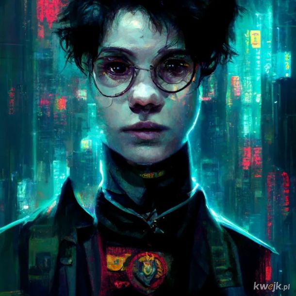 Postacie z Harry'ego Pottera w cyberpunkowej scenerii