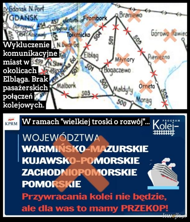 Tak wygląda "troska" władz o komunikacyjny rozwój regionu wokół Elbląga. Kolej stała się zbędna, skoro można dopłynąć prywatnym jachtem do Gdańska?