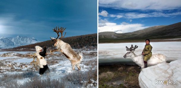 Kilka zdjęć pokazujących codzienne życie hodowców reniferów z Mongolii.
