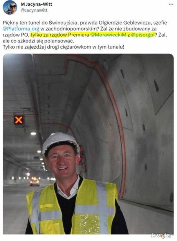Kolejna PiSowska swinia, chwali sie tunelem w Świnoujsciu, do budowy ktorego rzad nie dolozyl ani zlotowki... 85% z UE, 15% z budzetu miasta...