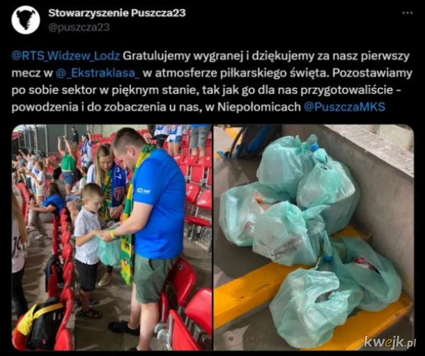 Kibice Puszczy Niepołomice po swoim pierwszym wyjazdowym meczu w Ekstraklasie posprzątali sektor na którym siedzieli.