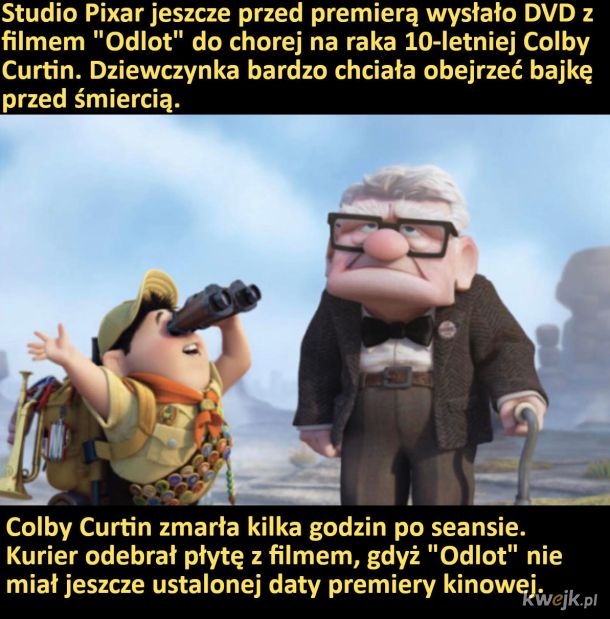 Studio Pixar jeszcze przed premierą wysłało DVD z filmem "Odlot" do chorej na raka 10-letniej Colby Curtin