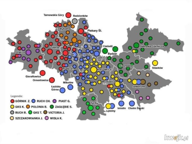 Mapa miłości piłkarskich w Konurbacji Śląsko-Dąbrowskiej